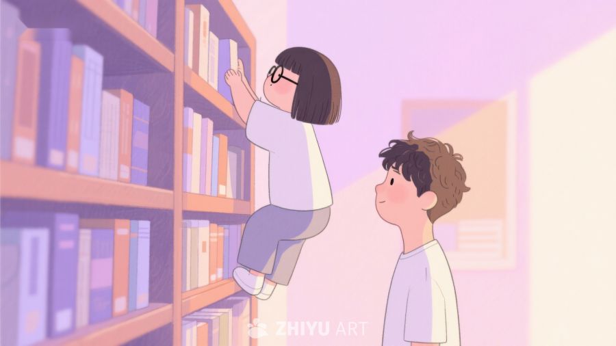 图书馆里，女孩伸手取书，男孩仰望 294