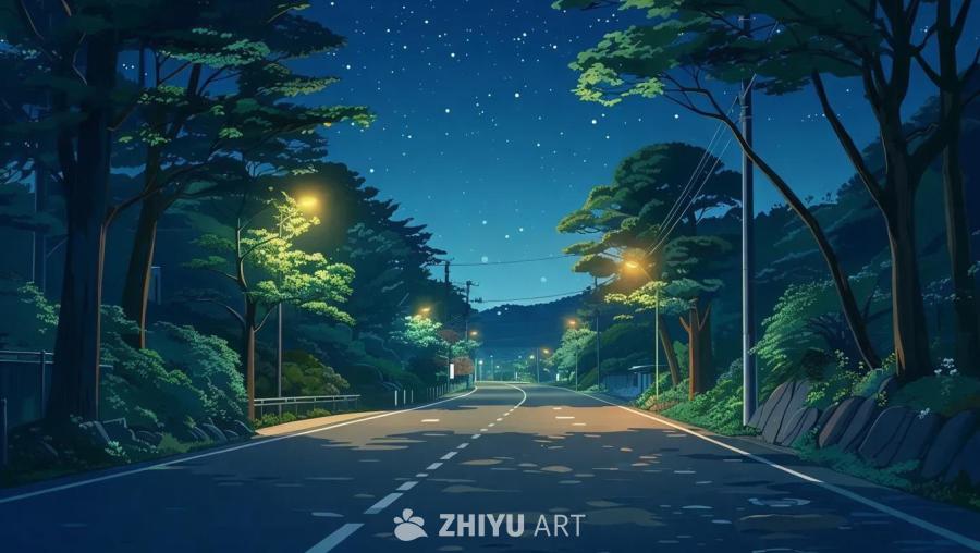 夜间，一条道路从近处延伸至远处，道路两旁生长着茂密