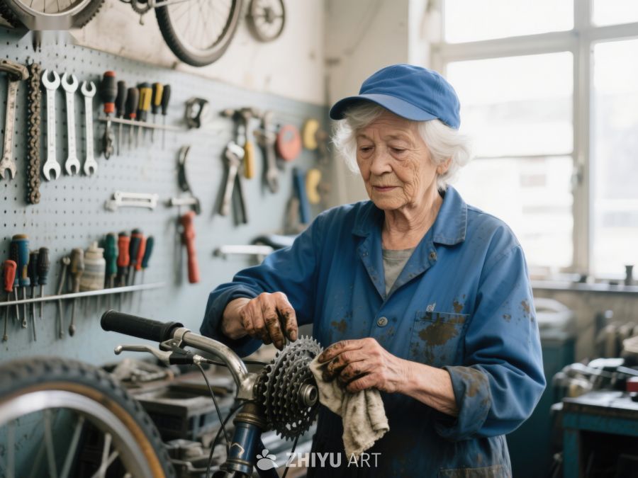 老妇人在车间修理自行车 179