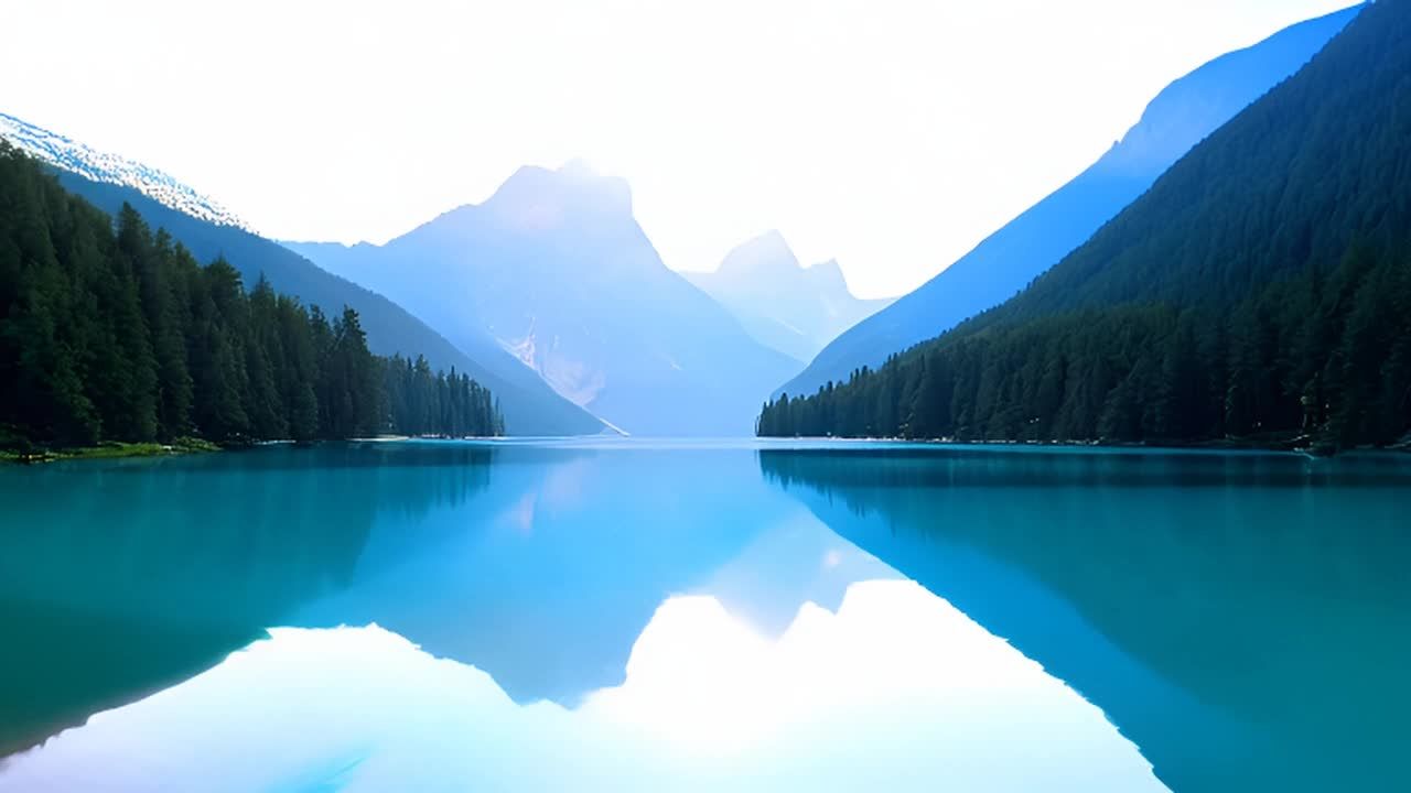 一个平静的湖面反射着周围群山的景色，湖水呈现清澈的