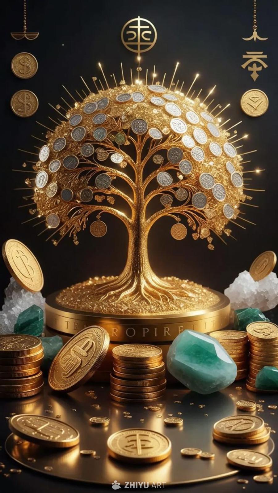 一棵金色的树位于一个金色的底座上，树上装饰着银色和