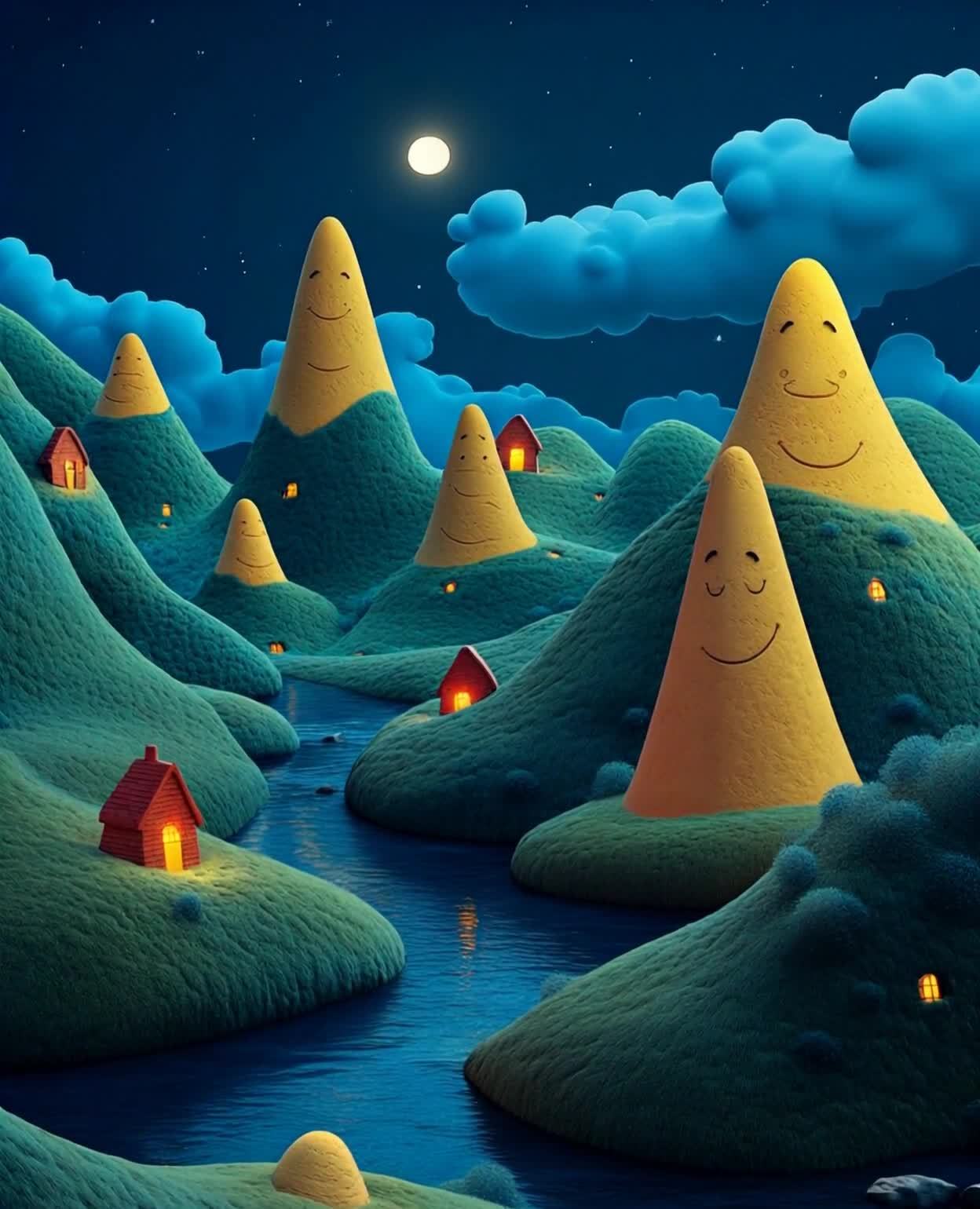 微笑山丘与河流夜景，温馨小屋点缀其间。