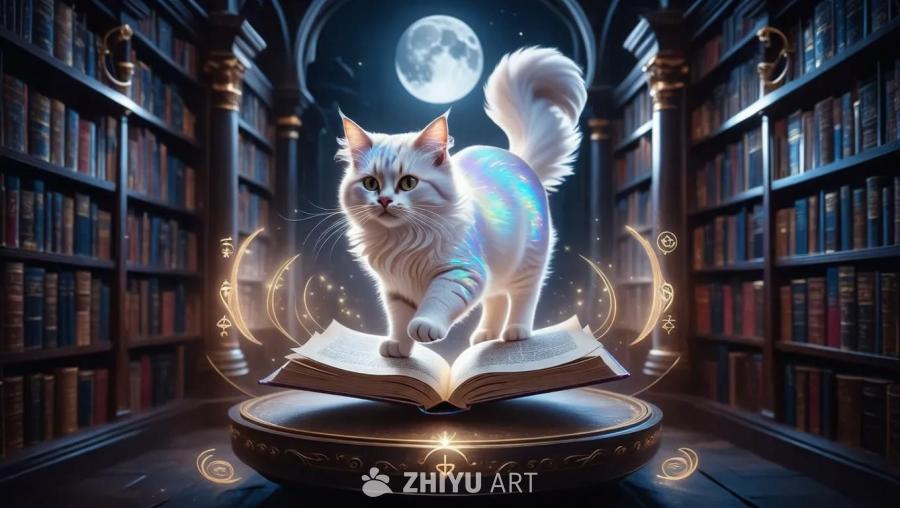 一只毛发闪耀的白色猫咪，站在一个神秘的图书馆中，周