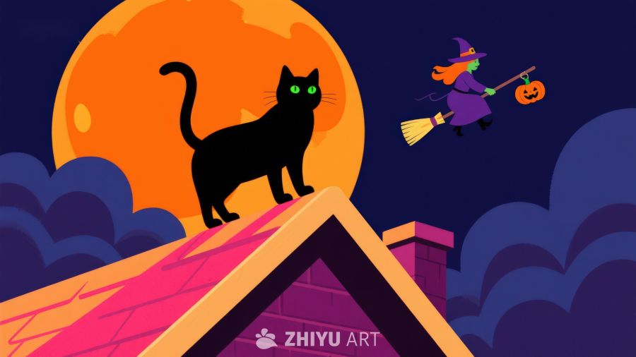 万圣夜屋顶上的黑猫与女巫