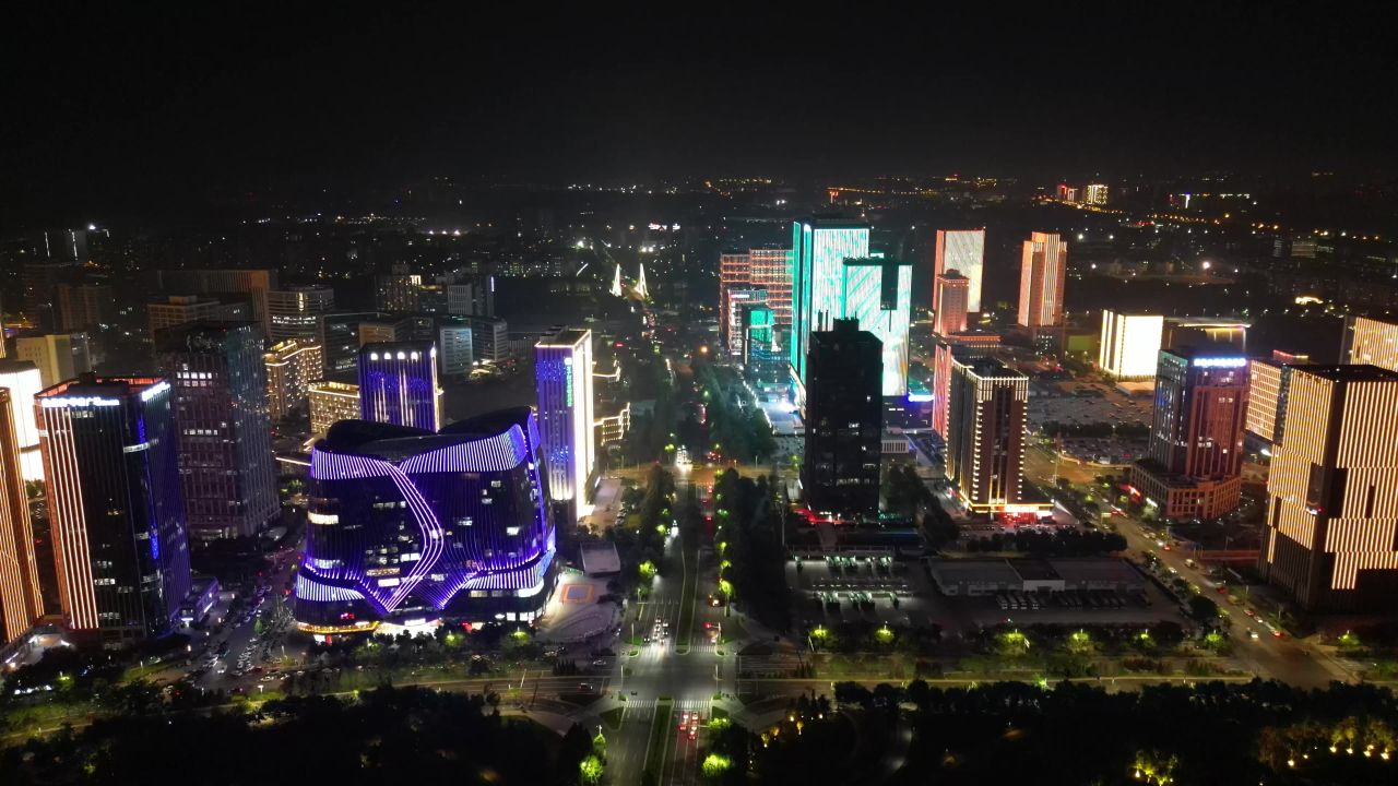 航拍河南郑州龙子湖金融中心夜景