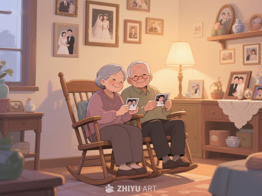 老夫妇在客厅回忆往昔 444