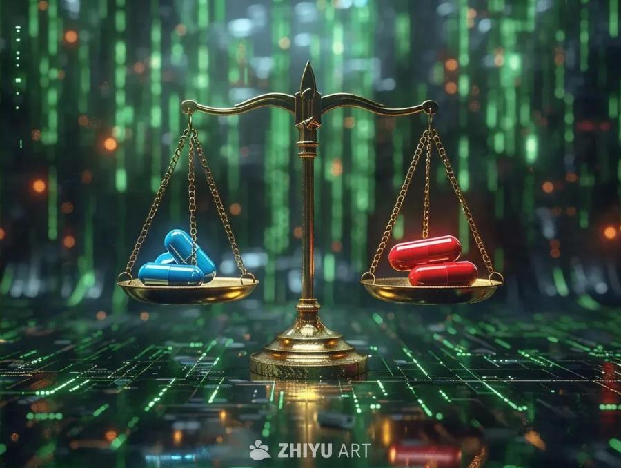 绿色背景上显示着矩阵式的字符，画面中心是一个天平。