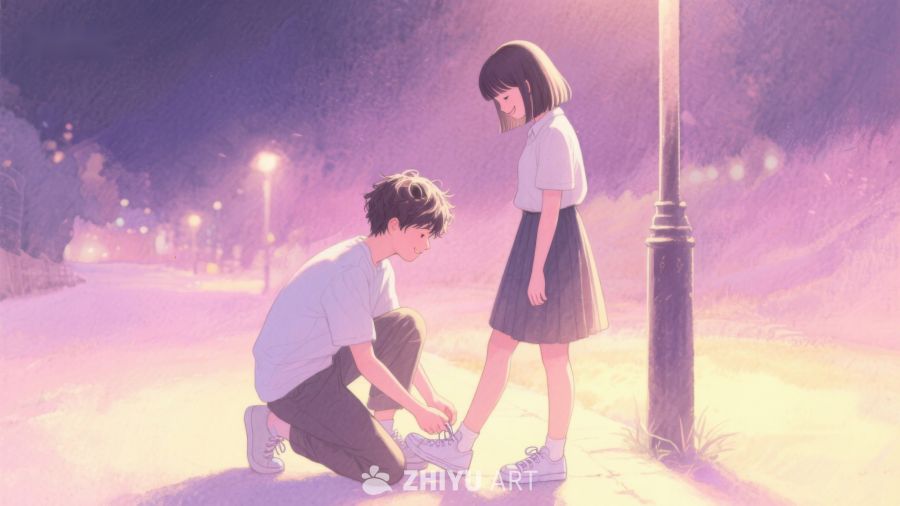 夜色中男孩为女孩系鞋带 587