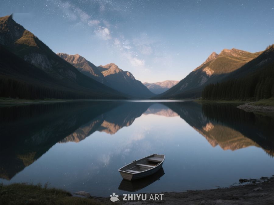 湖畔孤舟，山影倒映 29