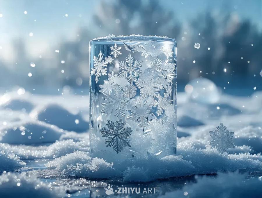 冰柱由冰构成，内部有雪花和球体，背景无物体。冰柱上