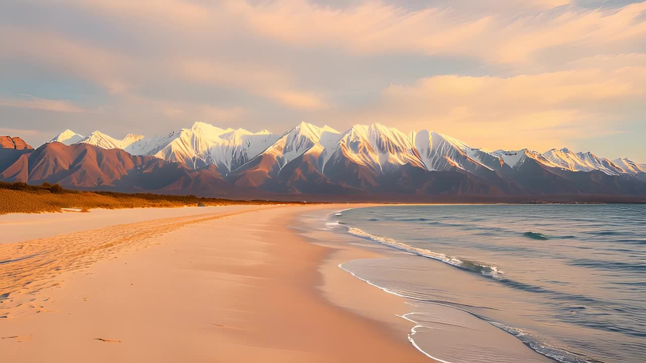 沙滩绵延，海浪拍打着岸边，远处是连绵的雪山，天空呈