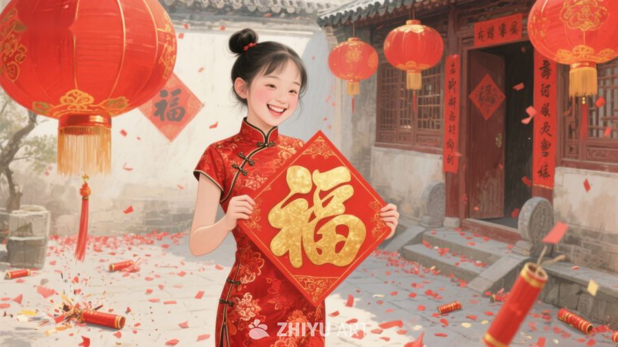 新春佳节，女子手持福字迎新年 1017