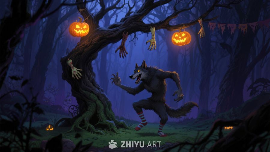 月夜森林中的狼人与南瓜灯