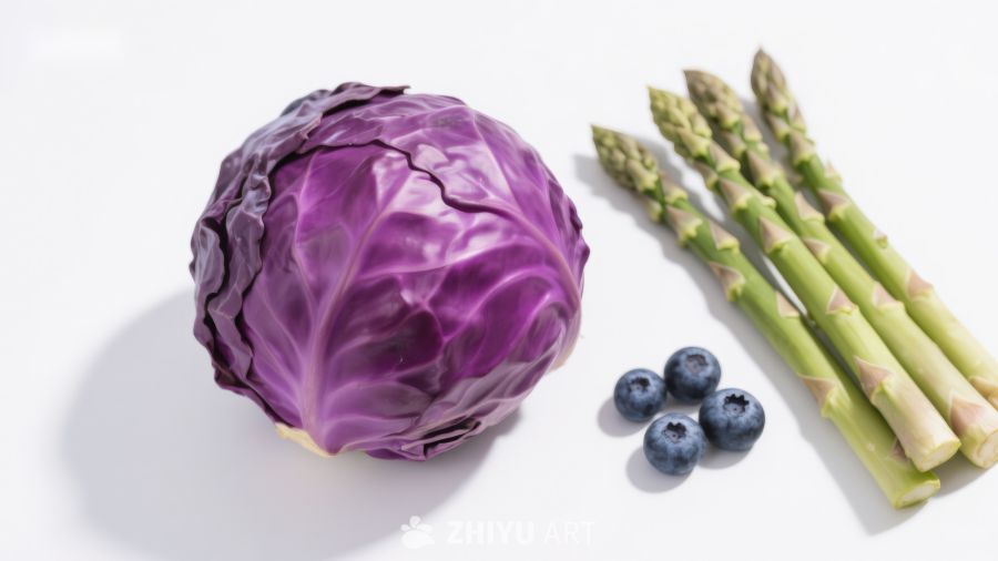 紫甘蓝芦笋蓝莓静物