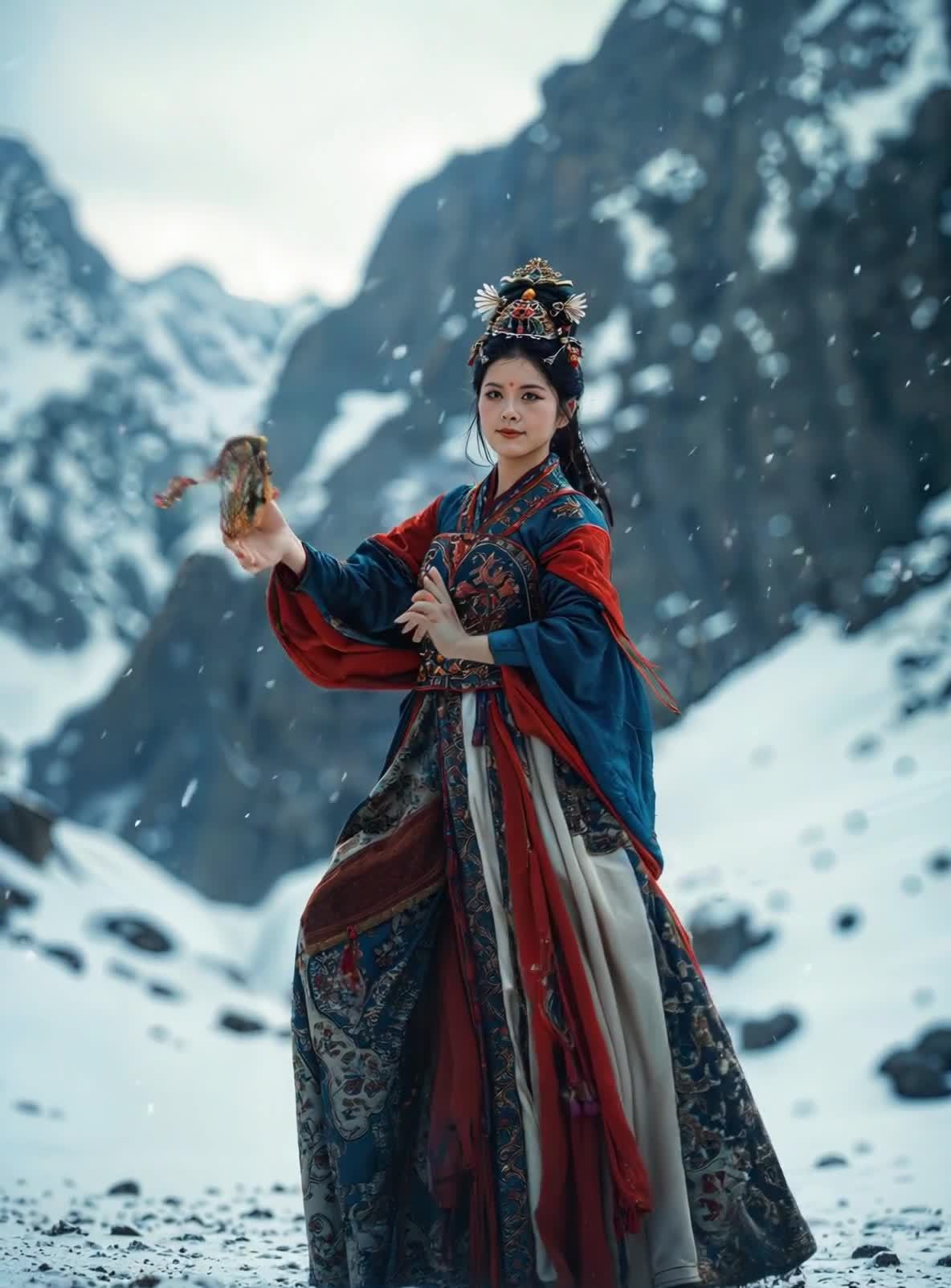 雪山藏族女子持鼓，静立雪中姿态优雅庄重。