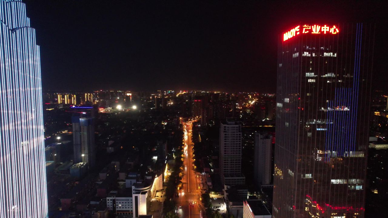 河北保定城市夜景万博广场夜景航拍 