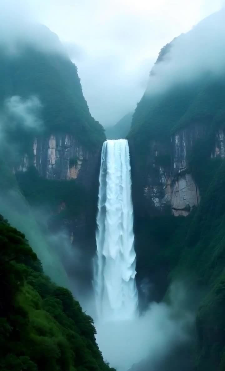 瀑布从高耸的山壁上倾泻而下，形成一道壮观的景象。瀑