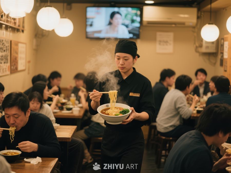 餐厅服务员端送热气腾腾的面条 22