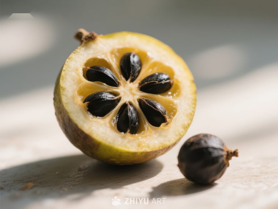 切开的黄色果实，展示内部种子 244