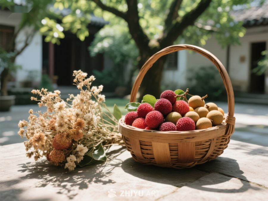 竹篮盛满荔枝与龙眼，旁置干花 793