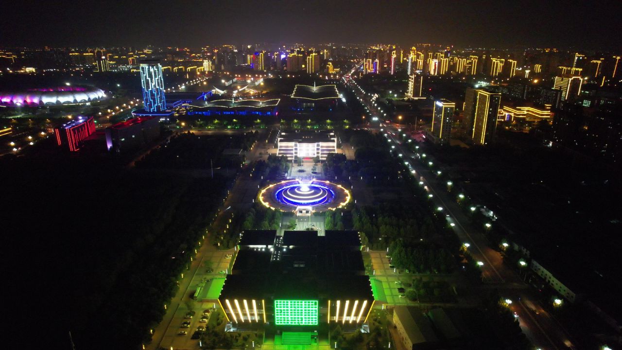 河北沧州城市夜景灯光航拍