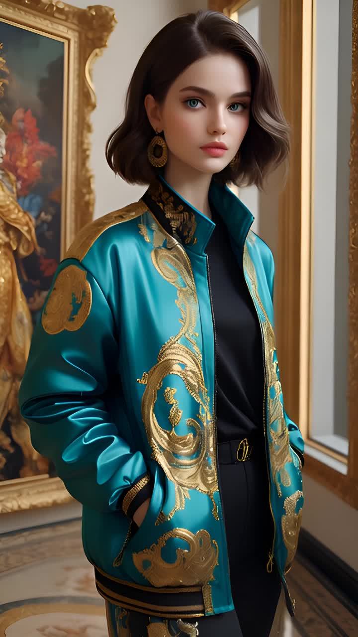 一个穿着蓝绿色夹克、黑色上衣和裤子的女性，戴着金色
