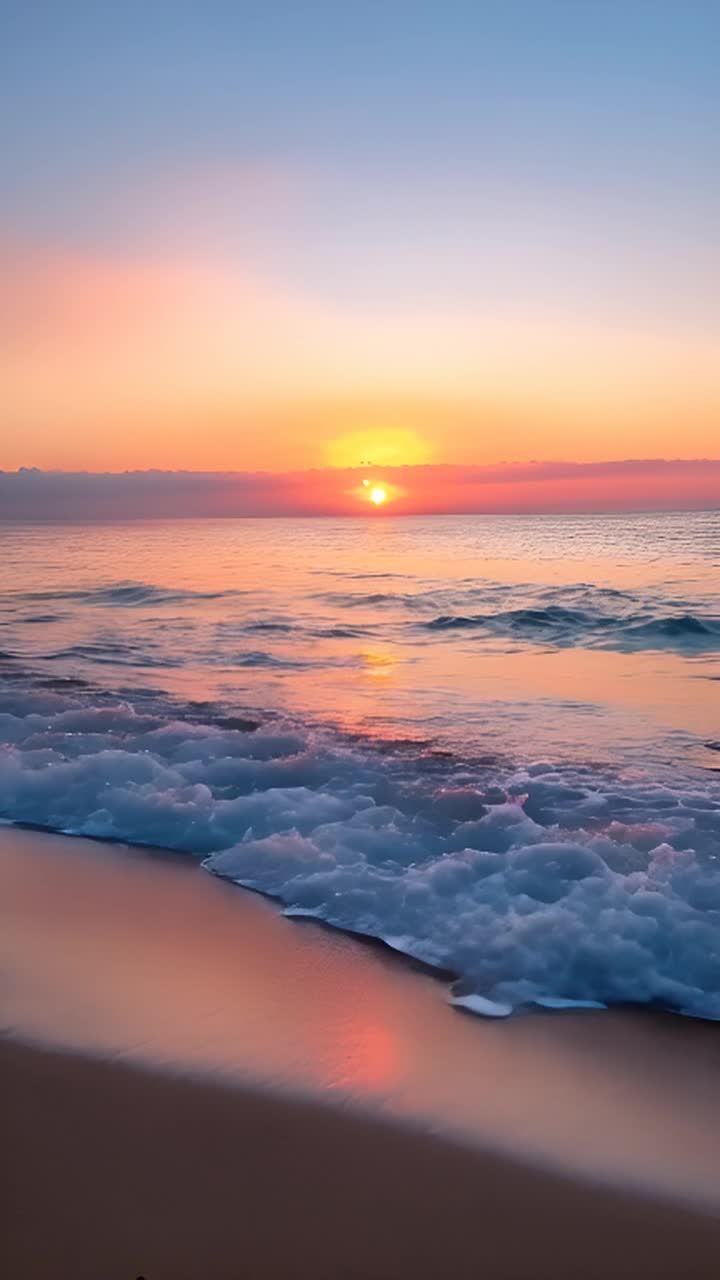 日落时分的宁静海滩。柔和的波浪轻轻拍打着沙滩，阳光