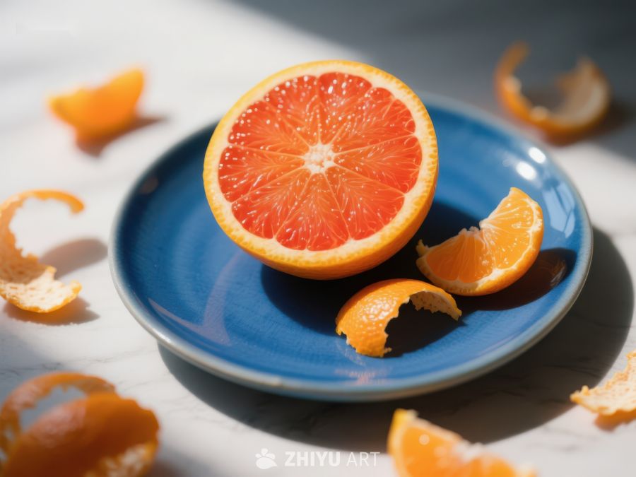 切开的葡萄柚置于蓝色盘中 336