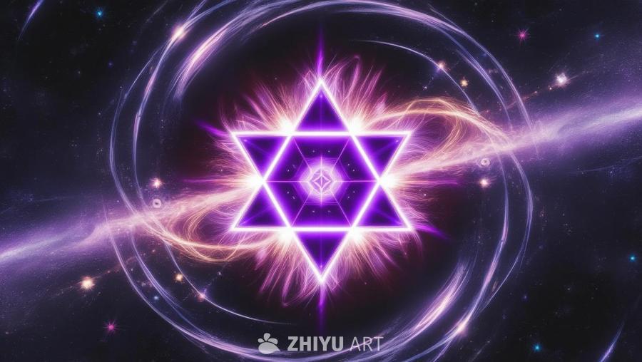 紫色梅尔卡巴，周围环绕着旋转的星星和天体的宇宙。 