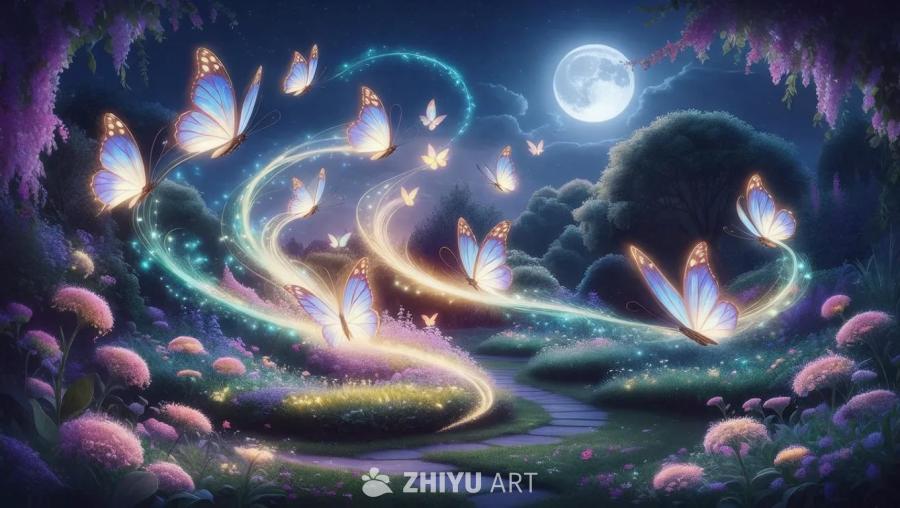 夜色下的花园里，盛开着夜间绽放的花朵，在月光下发出