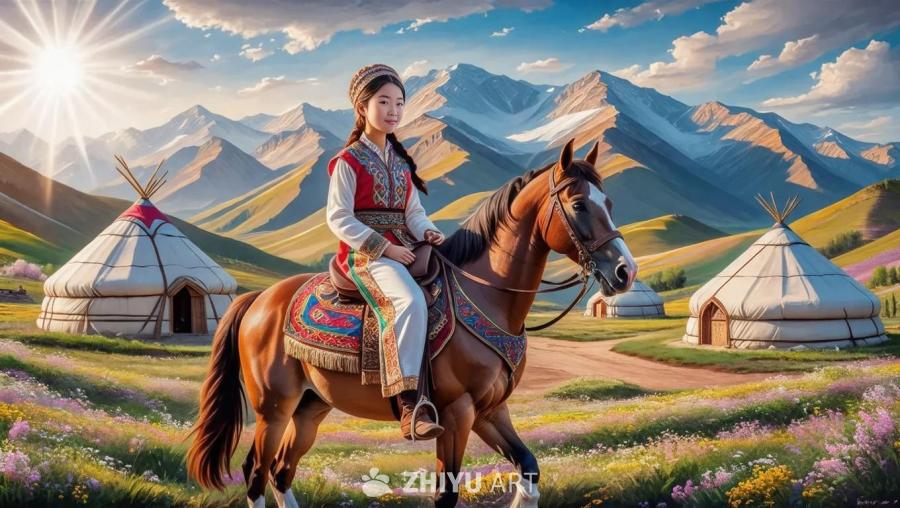 一名穿着民族服装的吉尔吉斯族女孩骑在一匹棕色的马上