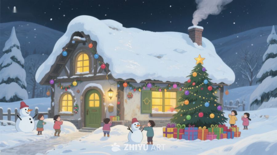 雪夜温馨小屋与圣诞树 417