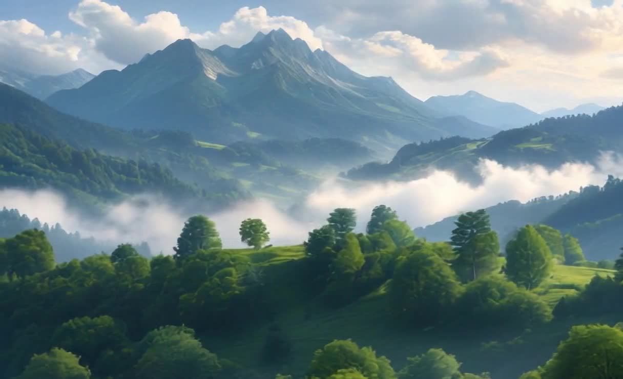 云雾缭绕山间：连绵山脉与葱郁树木的静谧风景