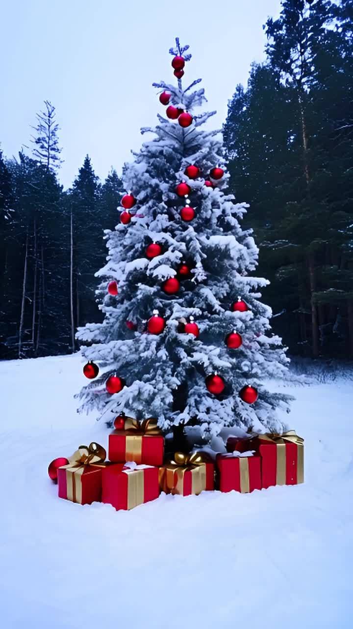 雪地中，一棵高大且覆盖着雪的圣诞树立在树林中。树上