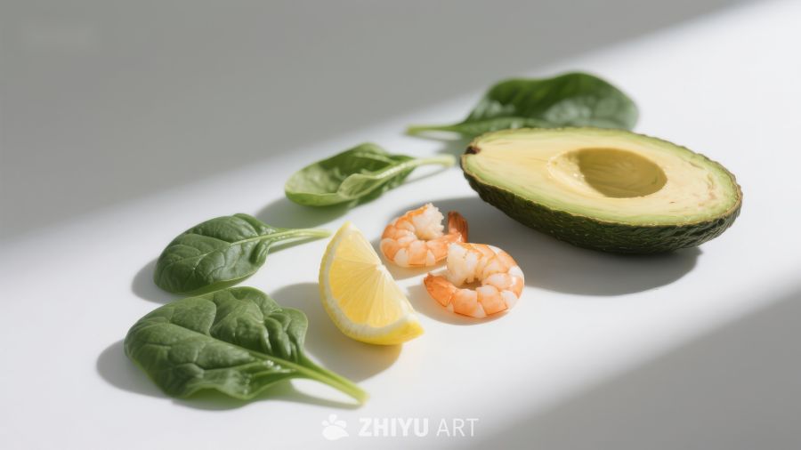 新鲜食材：牛油果、虾仁、菠菜与柠檬