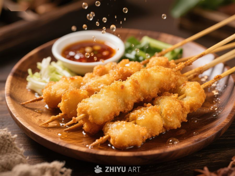 金黄酥脆的炸串配蘸酱 483