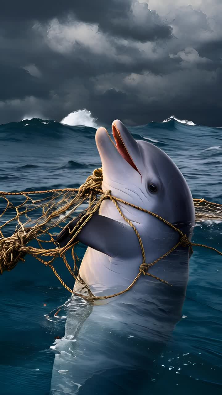 一只海豚被破旧的渔网缠住，漂浮在波涛汹涌的海面上。