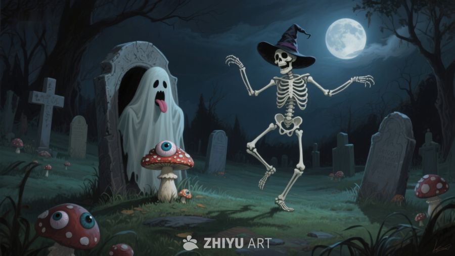 月夜墓地的骷髅与幽灵
