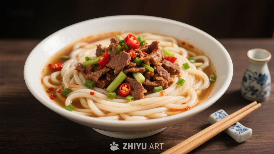 牛肉拌面配红椒与青葱