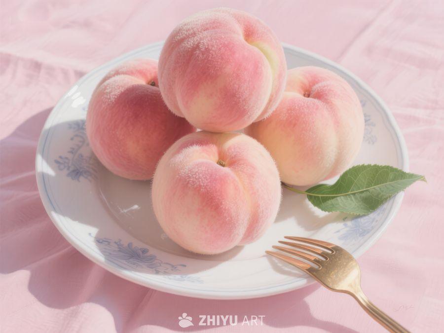 盘中新鲜桃子，配以绿叶点缀 319