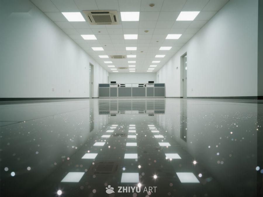 空旷走廊，反光地板与整齐排列的灯光 245