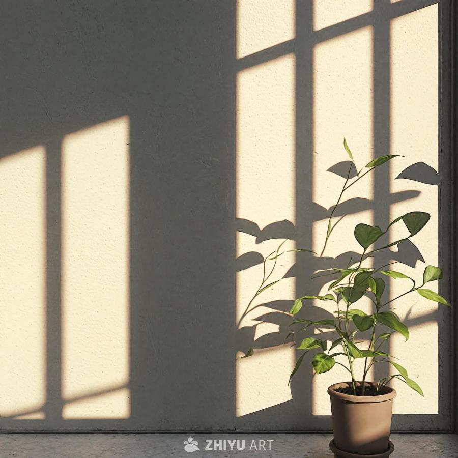 一株植物位于窗户前方，植物位于窗户的右侧，叶子在窗
