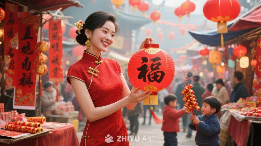 女子手持红灯笼，欢庆节日 741
