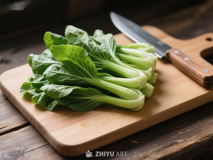 新鲜青菜置于木制砧板上 489