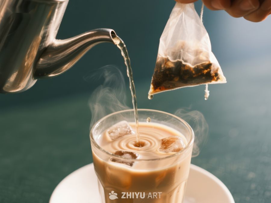 热茶倒入玻璃杯，茶包悬空 861