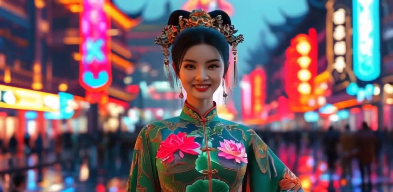 古典着装女子立于灯火辉煌的街景中
