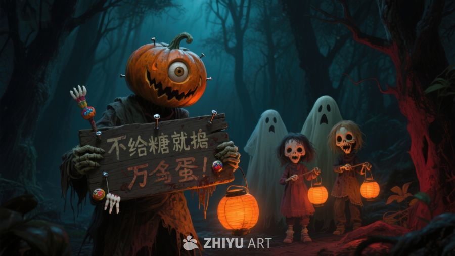 万圣节南瓜怪与幽灵儿童的森林夜景