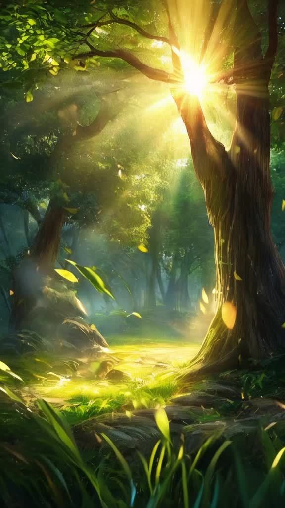 森林中有树木，光线穿过树叶。一些叶子在空中飘落。地