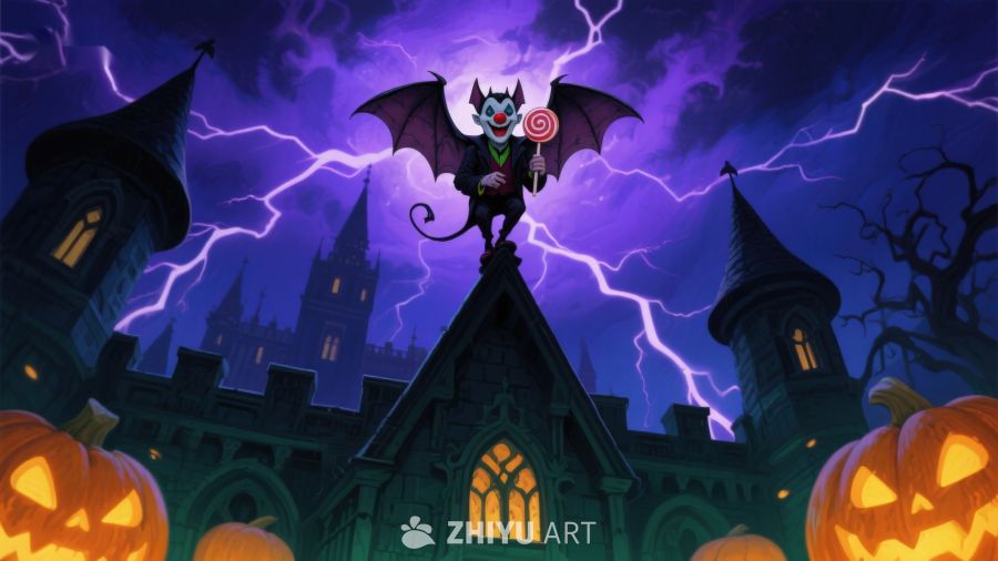 雷电夜空下的神秘城堡与蝙蝠怪