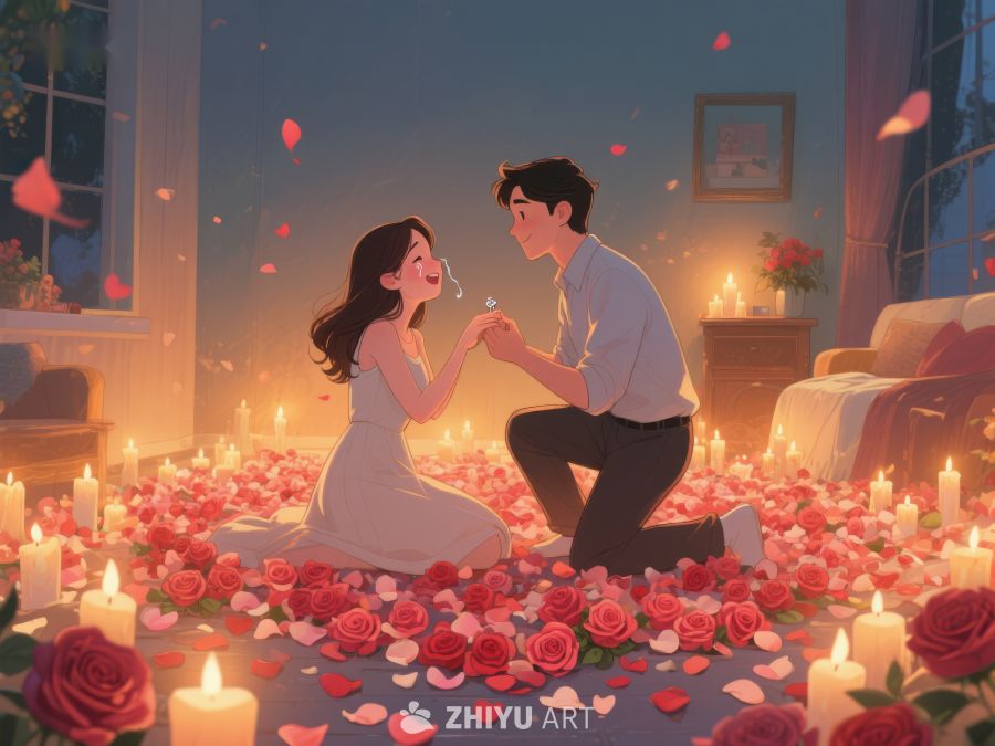 浪漫求婚场景，烛光与玫瑰环绕 422